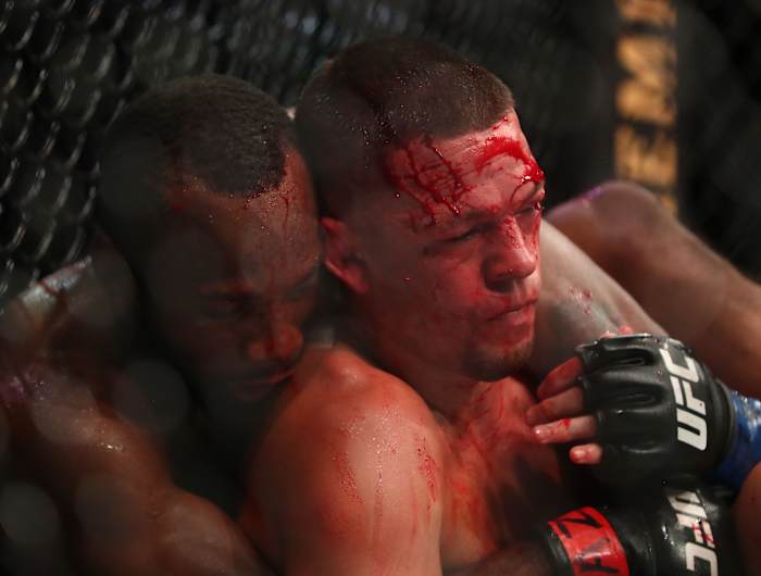 Leon Edwards applies a hold against Nate Diaz during UFC 263 at Gila River Arena.